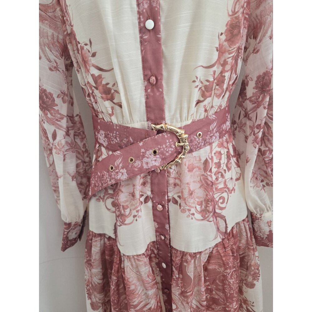 Floral Maxi Chinoiserie High Neck Belted Long Sleeves Mauve Pink Cream Dress M - Picture 3 of 12